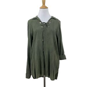 Kay Celine Blouse Womens S Small Avocado Tab Sleeve Grommet Tie Neck Collar